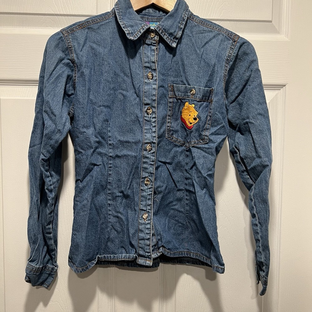Vintage Disney Store Denim Button-Up Embroidered Shirt Winnie Pooh